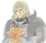  armor blonde_hair blush bow crying fire_emblem fire_emblem_if gauntlets gloves hair_between_eyes ignis_(fire_emblem_if) long_hair male_focus shourou_kanna simple_background solo stuffed_animal stuffed_toy teddy_bear upper_body white_background 
