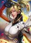  blonde_hair blue_eyes bodysuit breasts high_ponytail highres huge_breasts lips long_hair mechanical_halo mechanical_wings mercy_(overwatch) overwatch petals rose_petals soffa solo wings 