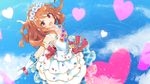  :d aikatsu! aikatsu!_(series) blue_sky braid brown_hair cloud cloudy_sky commentary_request crown_braid dress from_above gloves heart heart_background highres jewelry long_hair looking_at_viewer necklace oozora_akari open_mouth peko red_eyes reflection sky smile solo tiara white_dress white_gloves 