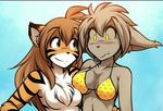  amber_eyes anthro basitin big_breasts bikini bikini_top blush breast_size_difference breast_squish breasts brown_hair chest_tuft cleavage clothed clothing crossgender duo ears_back featureless_breasts felin feline female flora_(twokinds) fur gradient_background hair invalid_tag keidran keith_keiser long_hair mammal multicolored_fur nude orange_fur simple_background striped_fur stripes swimsuit tan_fur tiger tom_fischbach tuft twokinds white_fur 