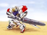  cloud day desert gundam gundam_barbatos gundam_tekketsu_no_orphans highres ledjoker07 looking_afar mecha no_humans one_knee sky stance sword weapon 