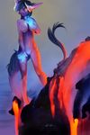  2015 5_fingers aboywithscales anthro blue_hair breasts dragon featureless_breasts featureless_crotch female hair horn inner_ear_fluff lava midriff navel nude scalie solo standing wide_hips yellow_eyes 