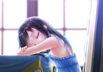  alternate_costume asashio_(kantai_collection) bangs black_hair blue_dress blurry casual chair closed_eyes commentary_request depth_of_field desk dress from_side gotou_hisashi highres indoors kantai_collection long_hair sleeping solo spaghetti_strap upper_body window 