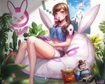  2016 bag_of_chips bangs bare_legs barefoot bean_bag_chair box_(hotpppink) breasts brown_eyes brown_hair bubble_blowing character_doll chewing_gum controller crop_top crop_top_overhang d.va_(overwatch) dated doll doritos emblem facial_mark game_controller holding knees_together_feet_apart legs lens_flare long_hair looking_at_viewer medium_breasts mei_(overwatch) midriff overwatch philodendron plant poster_(object) product_placement short_shorts short_sleeves shorts sitting solo thighs whisker_markings 