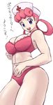  1girl blue_eyes bra breasts cleavage joy_(pokemon) large_breasts looking_at_viewer nakaba nurse_cap panties pink_bra pink_hair pokemon pokemon_(anime) sweat thighs 