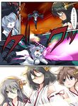  bare_shoulders black_gloves black_hair blue_eyes brown_eyes brown_hair cane cannon cape comic commentary_request detached_sleeves dragon_ball dragon_ball_z empty_eyes energy_beam glasses gloves grey_hair haruna_(kantai_collection) headgear hiei_(kantai_collection) highres kantai_collection kirishima_(kantai_collection) long_hair multiple_girls nontraditional_miko orange_eyes parody remodel_(kantai_collection) scouter shinkaisei-kan short_hair splashing tonchinkan translated turret water white_hair white_skin wo-class_aircraft_carrier 