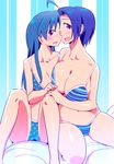  :d absurdres ahoge bikini blue_bikini blue_hair blush breasts cleavage collarbone highres idolmaster idolmaster_(classic) kisaragi_chihaya long_hair looking_at_viewer miura_azusa multiple_girls open_mouth polka_dot polka_dot_bikini short_hair smile striped striped_bikini swimsuit teeth zasha 