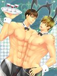  2boys black_hair brown_hair bunny_ears bunny_tail detached_collars detached_sleeves drinks free! green_eyes male_focus multiple_boys muscle nipples open_mouth short_hair standing swim_trunks symmetrical_docking tachibana_makoto topless yamazaki_sousuke 