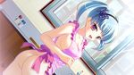  1girl :d apron ass blue_hair blush breasts dutch_angle from_behind game_cg hair_ornament hairband indoors kitchen little_rabbits_-_wagamama_twin_tail looking_at_viewer looking_back naked_apron no_bra no_panties open_mouth pink_eyes purple_eyes short_hair smile solo standing twintails wide_image window 