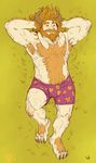  anthro armpit_hair asgore_dreemurr baraqueen barefoot boxers_(clothing) bulge clothed clothing grass hairy high-angle_view horn lying male mammal musclegut nipples on_back pecs plantigrade signature solo topless undertale underwear video_games 