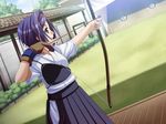  1girl bow_(weapon) clothes game_cg green_eyes hime_to_majin_to_koi_suru_tamashii_(game) purple_hair weapon 