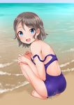  ass back barefoot beach blue_eyes blue_sky blush brown_hair competition_swimsuit day from_behind highres looking_at_viewer looking_back love_live! love_live!_sunshine!! ocean off_shoulder one-piece_swimsuit open_mouth outdoors purple_swimsuit rin2008 sand short_hair sky smile solo squatting strap_slip swimsuit swimsuit_pull watanabe_you water wet 
