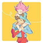  1girl artist_name belt bike_shorts boots brown_hair carrying closed_eyes duster_(mother) facial_hair fingerless_gloves gloves heart hood hoodie kumatora messy_hair mother_(game) mother_3 mysticotoe one_eye_closed pants pink_eyes pink_hair short_hair shoulder_carry simple_background 