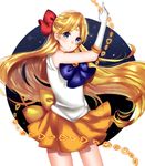  1girl aino_minako artist_request bishoujo_senshi_sailor_moon blonde_hair blue_eyes bow chains choker circlet earring gloves hearts highres long_hair looking_at_viewer magical_girl open_mouth parted_lips ribbon sailor_venus school_uniform serafuku skirt very_long_hair white_background white_gloves 