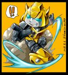  1boy 80s autobot bumblebee chibi glowing glowing_eyes green_eyes insignia kamizono_(spookyhouse) mecha no_humans oldschool pointing pointing_at_viewer robot smile solo transformers twitter_username 