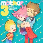  2boys artist_name belt bike_shorts blonde_hair blue_eyes boots brown_hair carrying closed_eyes duster_(mother) facial_hair fingerless_gloves gloves hand_on_another's_shoulder hood hoodie kumatora lucas messy_hair mother_(game) mother_3 multiple_boys mysticotoe pants pink_eyes pink_hair princess_carry quiff short_hair shorts star striped wavy_mouth 