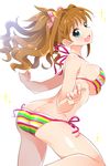  ass bikini blush breasts brown_hair green_eyes hair_ribbon hino_akane_(idolmaster) idolmaster idolmaster_cinderella_girls large_breasts long_hair looking_at_viewer mio_(mgr300) open_mouth polka_dot_ribbon ponytail ribbon shiny shiny_skin sideboob simple_background solo sparkle striped striped_bikini swimsuit trefoil underboob wavy_hair wavy_mouth white_background 