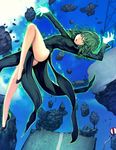 :o aura bare_legs black_dress breasts covered_nipples curly_hair day dress floating floating_object floating_rock full_body glowing glowing_hands green_eyes green_hair highres leg_up looking_at_viewer mahito no_panties no_socks one-punch_man open_mouth outdoors outstretched_arm red_footwear road_sign shoes sign small_breasts solo tatsumaki tsurime 