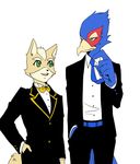  anthro avian belt bird black_nose bow canine clothed clothing cozy_(artist) duo falco_lombardi feathers fox fox_mccloud fur green_eyes male mammal necktie nintendo simple_background smile star_fox suit teeth tongue video_games white_background yellow_eyes 