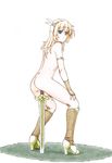  1girl armlet ass back bare_back blonde_hair blue_eyes blush boots colored female fingerless_gloves from_behind full_body gloves hair_ornament harumachi_nagaaki high_heel_boots high_heels highres long_hair looking_at_viewer looking_back masturbation nude object_insertion original photoshop planted_sword planted_weapon pussy_juice simple_background solo standing sword vaginal vaginal_object_insertion weapon 