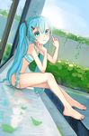  aqua_eyes aqua_hair barefoot bikini blush hatsune_miku highres long_hair rabit_sugar sitting smile solo striped striped_bikini swimsuit twintails very_long_hair vocaloid 