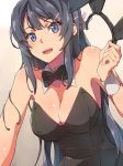  1girl :d animal_ears bangs bare_arms bare_shoulders black_hair black_leotard black_neckwear blue_eyes bow bowtie breasts bunny_ears bunny_hair_ornament bunnysuit chiharu_(9654784) cleavage collarbone commentary_request detached_collar fake_animal_ears gradient gradient_background hair_ornament hairband_removed hairclip hand_up highres leotard long_hair looking_at_viewer medium_breasts open_mouth sakurajima_mai seishun_buta_yarou sidelocks smile solo upper_body upper_teeth wrist_cuffs 