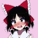  absurdres bare_shoulders black_hair blush bow d: embarrassed face frills hair_bow hair_tubes hakurei_reimu highres kobashino open_mouth pink_background portrait raised_eyebrows red_eyes round_teeth simple_background solo sweat teeth touhou trembling 