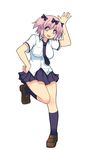  1girl :p breasts full_body hibari_(senran_kagura) highres large_breasts necktie pink_hair renabyou senran_kagura senran_kagura_shoujo-tachi_no_shin'ei short_hair skirt solo standing standing_on_one_leg tongue tongue_out white_background 