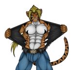  2016 abs anthro biceps big_muscles bulge clothed clothing digital_media_(artwork) feline flexing fur hi_res looking_at_viewer male mammal muscular muscular_male pecs shirt_rip simple_background smile solo standing stripes teeth tiger topless undressing zephir 