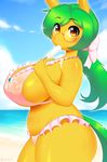  3mangos abstract_background anthro big_breasts bow breasts clothing dessert eating equine eyewear food fur glasses green_hair hair hi_res horse huge_breasts ice_cream invalid_color invalid_tag mammal mango_(character) my_little_pony navel pony ponytail sand seaside swimsuit yellow_fur 