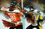  armor avian bird canine clothing detailed_background digital_media_(artwork) feathers fight fist_clenched hawk helmet hockey jersey mammal nhl philadelphia_flyers pittsburgh_penguins puppychowder sport tongue tongue_out wings wolf 