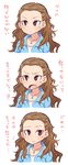  bad_id bad_pixiv_id blush braid brown_hair closed_mouth comic flying_sweatdrops forehead idolmaster idolmaster_cinderella_girls jewelry long_hair necklace open_mouth red_eyes seki_hiromi simple_background solo translated tsurime upper_body ushi white_background 