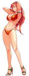  armlet armpits arms_up bellows_(suisei_no_gargantia) bikini blue_eyes breasts brown_bikini cleavage commentary_request full_body groin hair_tubes high_heels large_breasts light_smile long_hair looking_at_viewer navel ponytail puropera_(puropera) red_hair sideboob simple_background solo standing stomach suisei_no_gargantia swimsuit underboob white_background 