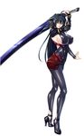  1girl annerose_vajra black_hair breasts erect_nipples full_body kagami_hirotaka katana koutetsu_no_majo_annerose koutetsu_no_majo_anneroze large_breasts legs lilith-soft long_hair looking_at_viewer smile solo standing sword weapon yellow_eyes 