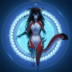  2016 android ara black_hair blue_eyes cybernetics feline female fluff-kevlar fur hair machine mammal nipples nude pawpads pussy red_fur robot 