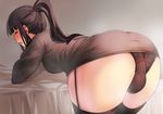  asato_ai bed black_hair black_panties cowboy_shot futanari garter_straps highres indoors kochikame leaning_forward long_hair looking_at_viewer looking_back newhalf open_mouth panties pencil_skirt ponytail skirt solo testicles_under_clothes thighhighs thighs underwear wachiwo 