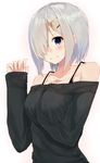  absurdres alternate_costume bad_hands bare_shoulders between_breasts black_sweater blue_eyes blush breasts collarbone hair_ornament hair_over_one_eye hairclip hamakaze_(kantai_collection) hand_between_breasts highres kantai_collection large_breasts long_sleeves looking_at_viewer shimohasira short_hair silver_hair simple_background smile solo sweater upper_body white_background 