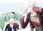  1girl cosplay danganronpa enoshima_junko enoshima_junko_(cosplay) green_eyes green_hair hair_ribbon komaeda_nagito kuze_(noiretrouge) long_hair mittens monaka_(danganronpa) open_mouth ribbon servant_(danganronpa) spoilers translated twintails white_hair zettai_zetsubou_shoujo 