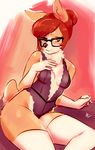  2016 5_fingers abstract_background anthro arm_support bare_shoulders blue_eyes breasts brown_fur brown_tail canine chest_tuft cleavage clothed clothing corgi countershading digital_media_(artwork) dog eyewear female fur glasses gloves_(marking) hair hair_bun hi_res inner_ear_fluff legwear lingerie lizcorgi lizombie mammal markings multicolored_fur neck_tuft pinup pose purple_bottomwear purple_topwear red_hair short_tail signature simple_background sitting solo stockings tan_fur tan_tail thick_thighs thigh_highs tuft two_tone_fur two_tone_tail warm_colors white_fur white_legwear white_tail 