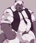  2016 abs anthro balls biceps big_muscles clothed clothing cursedmarked digital_media_(artwork) front_view grey_background half-length_portrait hi_res humanoid_penis looking_at_viewer madcow100 male mammal monochrome muscular muscular_male mustelid navel necktie open_pants open_shirt pants pecs penis portrait pubes scar shirt simple_background solo standing thick_penis tusks vest wolverine won_(madcow100) 