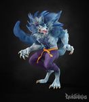  3d_(artwork) 4_toes abs amber_eyes angry anthro barefoot biceps big_muscles black_background blue_fur blue_nose canine claws clothed clothing darkstalkers digital_media_(artwork) digitigrade fangs full-length_portrait fur hi_res jon_talbain looking_back male mammal multicolored_fur muscular open_mouth pants pecs portrait saliva sharp_teeth simple_background solo standing teeth toe_claws toes tongue tongue_out topless two_tone_fur unknown_artist video_games were werewolf yellow_claws 