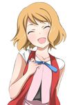  ^_^ blonde_hair blue_ribbon closed_eyes coat hand_on_own_chest happy koube laughing open_clothes open_coat open_mouth pokemon pokemon_(anime) pokemon_xy_(anime) red_coat ribbon serena_(pokemon) short_hair sleeveless_duster solo upper_body white_background 