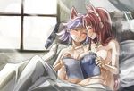  ^_^ animal_ears bed breast_hold breasts cat_ears closed_eyes clothes_removed couple fake_animal_ears flat_chest grin hong_meiling izayoi_sakuya long_hair multiple_girls navel notebook nude on_bed red_hair short_hair silver_hair smile touhou translated twintails window yohane yuri 