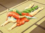  barefoot beret blue_eyes blush_stickers braid dragon_girl dragon_horns dragon_tail dragon_wings fangs green_hat green_wings hat hong_meiling horns indoors long_hair lying nude on_stomach open_mouth red_hair scales shiny shiny_hair shirosato soles solo star sunlight tail tatami toes touhou twin_braids very_long_hair wings younger 