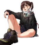  1girl arm_support bare_legs blush brown_hair commentary hair_between_eyes highres idolmaster idolmaster_cinderella_girls jacket kakaobataa long_hair long_sleeves looking_at_viewer mask_pull mole mole_under_eye necktie open_mouth sharp_teeth shirt shoes simple_background sitting skirt sneakers solo sunazuka_akira surgical_mask teeth twintails white_background yellow_eyes 