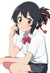  bare_arms black_hair black_skirt blush bow bowtie brown_eyes closed_mouth collared_shirt fingernails hair_ribbon highres kimi_no_na_wa looking_afar miyamizu_mitsuha omaru_gyuunyuu ponytail red_bow red_neckwear red_ribbon ribbon school_uniform scratching_cheek shirt short_hair short_sleeves simple_background skirt smile solo squatting tareme white_background white_shirt wing_collar 