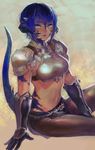  arm_at_side armor au_ra bangs between_legs black_gloves blue_eyes blue_hair breastplate brown_legwear dragon_girl dragon_tail facial_mark final_fantasy final_fantasy_xiv gloves gorget hand_between_legs horns light_smile loincloth looking_at_viewer midriff navel pantyhose parted_lips pelvic_curtain scales short_hair shoulder_armor sitting solo spaulders sugoi_kome tail vambraces 