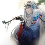  blurry depth_of_field drenbof fur_trim highres holding holding_pipe kiseru lin_xue_ya lips long_hair looking_at_viewer male_focus parted_lips pipe ponytail red_eyes smile solo thunderbolt_fantasy upper_body white_hair 