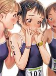 3girls :d armpits bangs bare_arms bare_shoulders black_eyes black_hair blonde_hair blue_swimsuit blunt_bangs blush bodypaint braid brown_eyes collarbone competition_school_swimsuit dark_skin finger_to_mouth flat_chest grin hair_ornament hair_over_shoulder hair_tie hairclip happy_tears highres long_hair looking_down multiple_girls murata_renji number one-piece_swimsuit open_mouth parted_lips round_teeth school_swimsuit short_hair simple_background single_braid smile swimsuit tareme tears teeth watch white_background wristband wristwatch 