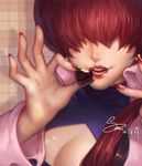  breasts brown_hair chocolate chocolate_heart chromatic_aberration cleavage cleavage_cutout close-up earrings hair_over_eyes heart jewelry large_breasts lips lipstick long_hair makeup nail_polish ponytail shermie solo spade-m the_king_of_fighters 